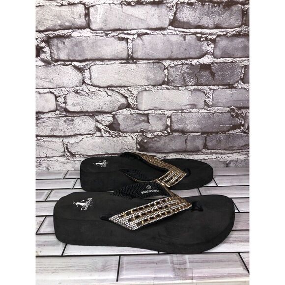 Corky’s Gold Crystal Rhinestone Thong Foam Wedge Sandals Women’s Sz 11M US/42EU - Picture 3 of 16